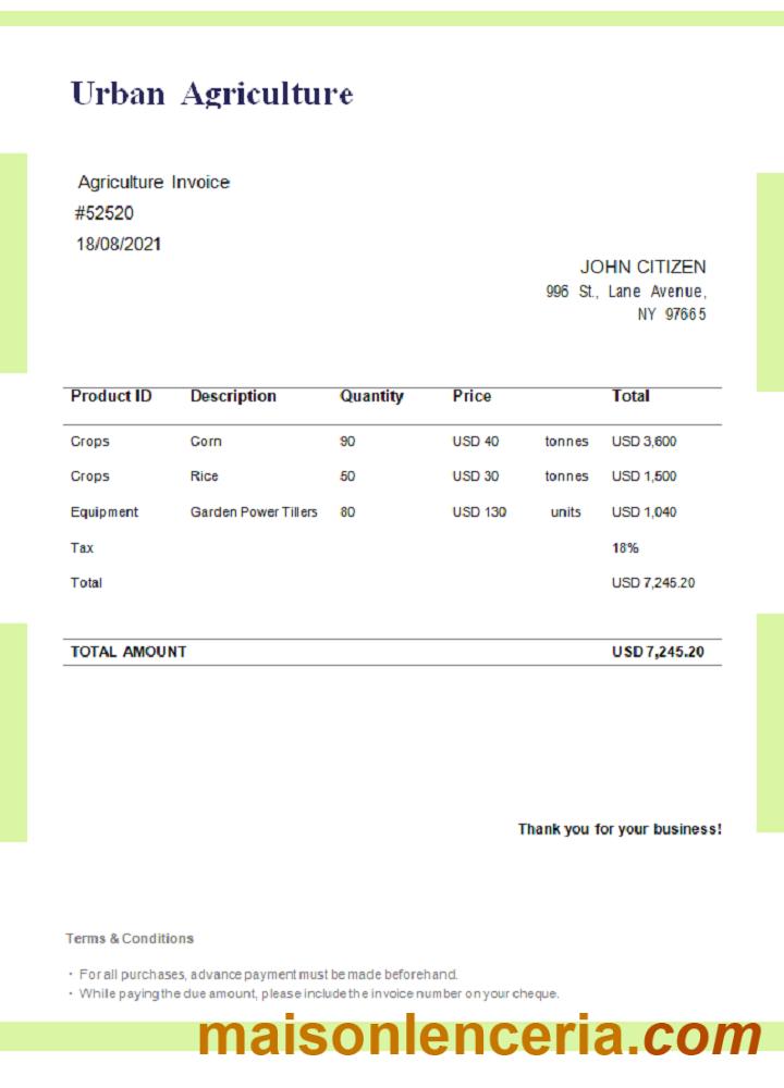 USA Urban Agriculture faktura słowo i PDF szablon
